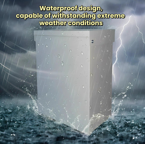 Heavy Duty 10x8x6 Inch Metal Outdoor Electrical Box IP66 Waterproof Lockable Enclosure Built With 1.5mm Cold Rolled Steel Plate Heavy Duty Construction Rust Resistant Weatherproof Junction Box With Locking Lid For Outdoor Electrical Installations, shown in rain