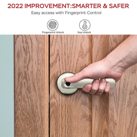 Person using Smart Fingerprint Door Lock With Handle, Biometric Lock For Bedroom, Auto Lock, Slick Silver Finish, Keyless Entry.