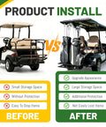 Comparison of golf carts before and after using Heavy Duty Golf Cart Bag Holder With 2 Inch Receiver For EZGO Yamaha Club Car Carts.