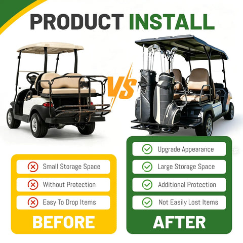 Comparison of golf carts before and after using Heavy Duty Golf Cart Bag Holder With 2 Inch Receiver For EZGO Yamaha Club Car Carts.