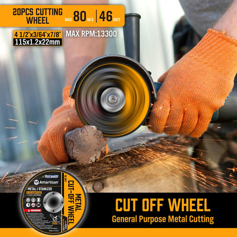 Close-up of an angle grinder cutting metal with Heavy Duty 30 Pack Angle Grinder Wheel Set 4-1/2 X 3/64 X 7/8.