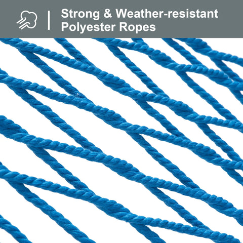 Close-up of blue polyester ropes from Heavy Duty Polyester Rope Hammock With Bamboo Spreader Bar For Two People Weather Resistant