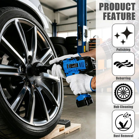 Heavy Duty Wheel Hub Resurfacing Kit For Lug Studs And Brake Rotors, using a drill on a car wheel for rust removal.