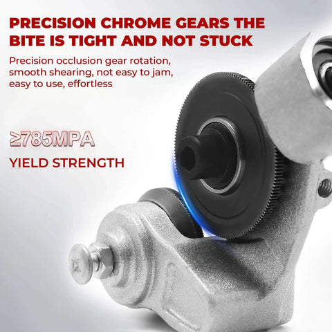 Close-up of High-Speed Titanium Drill Nibbler with precision chrome gears for sheet metal cutting, showcasing gear detail.