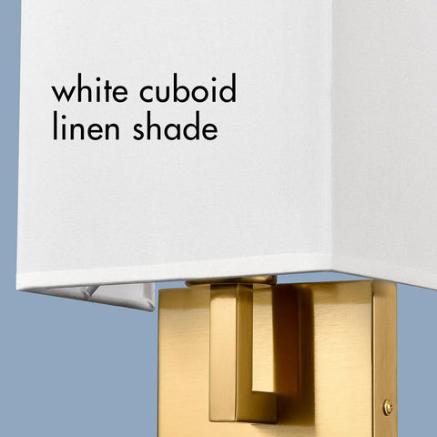 Gold Mid Century Wall Sconces Set Of 2 With White Linen Shade, Wall Mounted Indoor Lighting For Bedroom Hallway Or Stairway, Hardwired With Brushed Brass Finish For That Cozy Hotel Vibe close-up of white cuboid shade