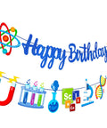 Blue Science Birthday Party Banner Set With Chemistry Lab Elements Garlands Featuring Test Tubes DNA Strands Microscope And Periodic Table Decor