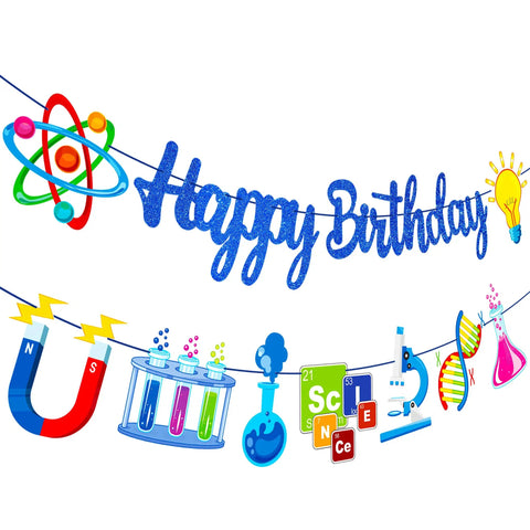 Blue Science Birthday Party Banner Set With Chemistry Lab Elements Garlands Featuring Test Tubes DNA Strands Microscope And Periodic Table Decor