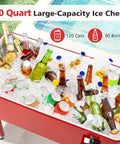 80 Quart Rolling Ice Chest Cooler On Wheels with Bottle Opener, filled with assorted beverages and ice, next to a pool.