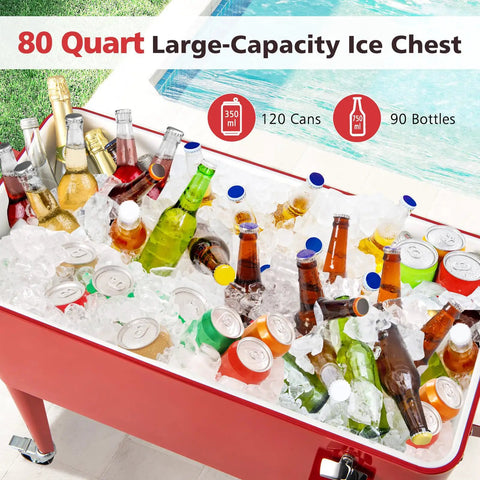 80 Quart Rolling Ice Chest Cooler On Wheels with Bottle Opener, filled with assorted beverages and ice, next to a pool.