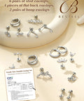Hypoallergenic Flat Back Stud Earrings Set For Women All In One 14K Gold Plated Surgical Steel Silver Finish Includes 6 Stud Pairs, flat-back studs and hoops