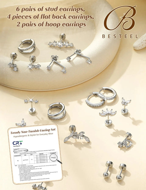 Hypoallergenic Flat Back Stud Earrings Set For Women All In One 14K Gold Plated Surgical Steel Silver Finish Includes 6 Stud Pairs, flat-back studs and hoops