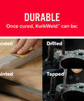Image showing KwikWeld Quick Setting Steel Reinforced Epoxy For Home Auto Marine DIY Repairs being sanded, drilled, painted, and tapped.