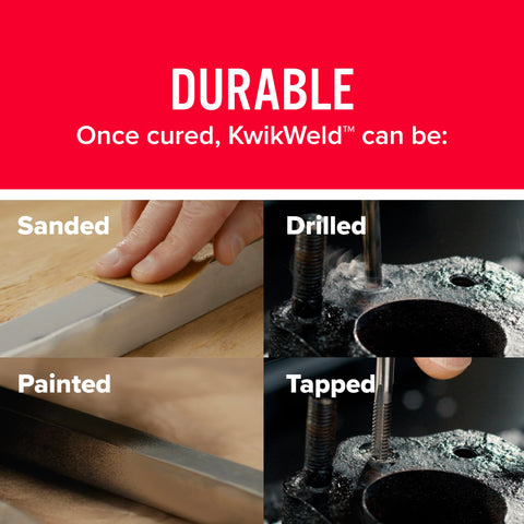 Image showing KwikWeld Quick Setting Steel Reinforced Epoxy For Home Auto Marine DIY Repairs being sanded, drilled, painted, and tapped.