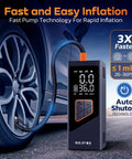 Super Slick 150 Psi Portable Tire Inflator Air Compressor With Digital Gauge Auto Shut Off Led Light For Car Suv Motorcycle And Sports Balls Hella Fast 12V Dc Pump With Long Cord For Zero Headache Road Trips Anytime You Roll Up displayed next to a car tire with blue air hose.