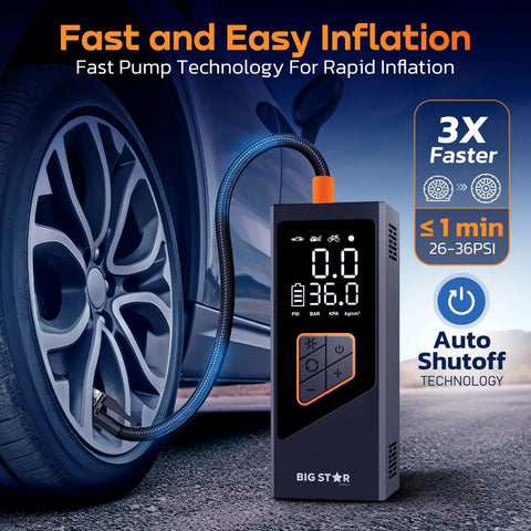 Super Slick 150 Psi Portable Tire Inflator Air Compressor With Digital Gauge Auto Shut Off Led Light For Car Suv Motorcycle And Sports Balls Hella Fast 12V Dc Pump With Long Cord For Zero Headache Road Trips Anytime You Roll Up displayed next to a car tire with blue air hose.