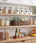 Large Wicker Storage Basket For Shelves And Pantry In Brown Water Hyacinth, 1 Pack on a pantry shelf with snacks and drinks