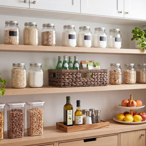 Large Wicker Storage Basket For Shelves And Pantry In Brown Water Hyacinth, 1 Pack on a pantry shelf with snacks and drinks