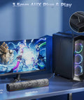 Bluetooth Computer Speakers With Dynamic LED Light For Desktop And Laptop Monitors placed below a gaming monitor.