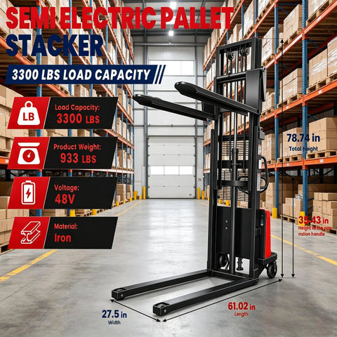 Heavy Duty Semi Electric Pallet Stacker Delivering 3300 Lbs Capacity High Lift Industrial Warehouse Jack in warehouse setup.