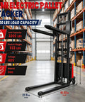 Heavy Duty Semi Electric Pallet Stacker Truck With 3300 Lb Capacity And 94.8 Inch Max Lift Height, showcasing dimensions in warehouse.