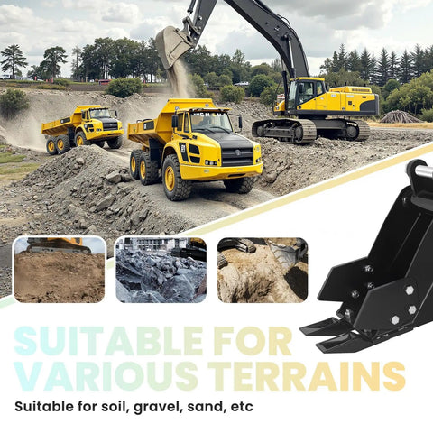 Construction site with yellow trucks and excavator using Pro Grade Narrow Trenching Bucket For Compact Mini Excavators That Works With Augers, 13x8x13 Inch Digging Tool And Posthole Digger Attachment, Rust Resistant, Heavy Duty Built For Tough Jobs, suitable for various terrains.