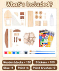 DIY Wooden Build Art Crafts Kit 3 Pack For Kids Ages 4 To 12 contents including blocks, stickers, paint, and brushes.