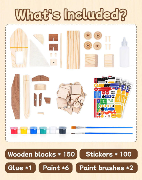 DIY Wooden Build Art Crafts Kit 3 Pack For Kids Ages 4 To 12 contents including blocks, stickers, paint, and brushes.