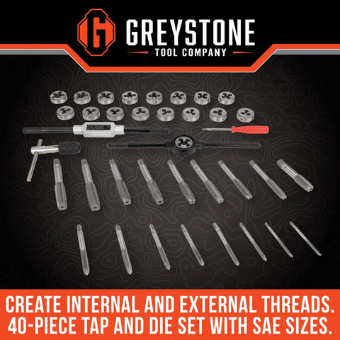 Kickstart Your Garage Projects With This Slick 40 Pc SAE Tap And Die Set Featuring Precision Built Taps And Dies For Creating Strong Internal And External Threads In Steel And Iron Without Breaking The Bank.