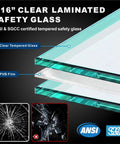 9/16" Clear Laminated Safety Glass showing layers including PVB Film, for No Sweat Install Frameless Glass Railing Kit Featuring Six Clear Laminated Tempered Panels At 44 Inches High And 315 To 324 Wide For Solid Deck Renovations.