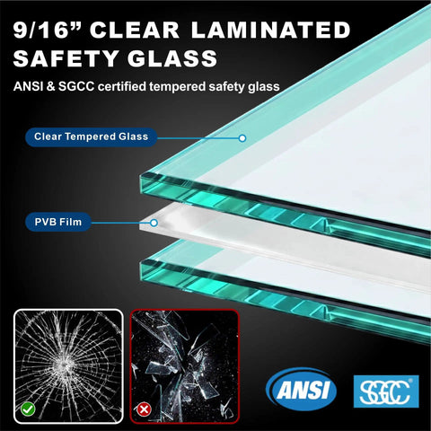 9/16" Clear Laminated Safety Glass showing layers including PVB Film, for No Sweat Install Frameless Glass Railing Kit Featuring Six Clear Laminated Tempered Panels At 44 Inches High And 315 To 324 Wide For Solid Deck Renovations.