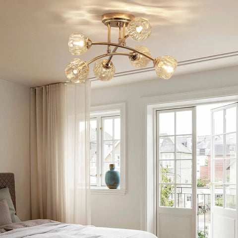 Spuntnik Crystal Ceiling Light Fixture With Six G9 Base Bulbs, Semi Flush Mount, D16 x H10, Clear Crystal With Shining Gold Finish Metal Frame, Modern Glam Accent Lighting For Living Rooms, Dining Rooms, And Hallways