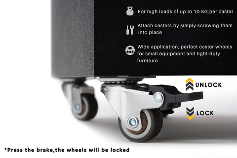 Close-up of Set Of Four 1 Inch Brown Swivel Caster Wheels With Rock Solid Slick Lock Brakes and Silent Non Marking TPE Rollers.