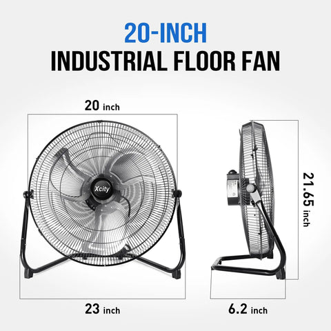 Heavy Duty 20 Inch Metal Floor Fan With High Velocity Airflow Up To 4650 CFM Three Speed Settings And 360 Degree Adjustable Tilt