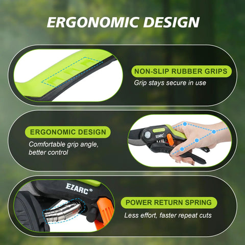 Ergonomic design of bypass pruning shears with 1 inch cut capacity for easy garden trimming, featuring rubber grips and SK5 steel blade.