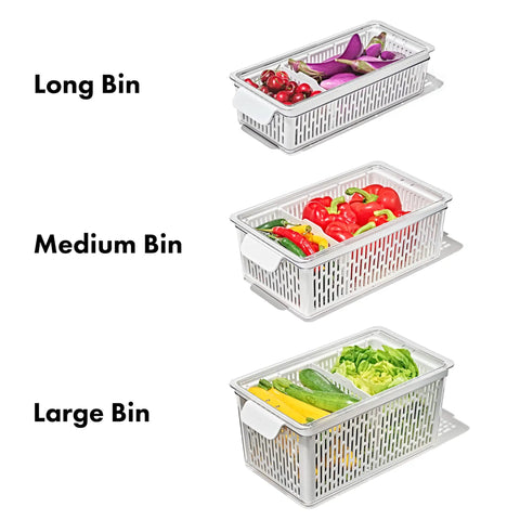 Medium BPA-free produce saver bin with adjustable divider for fresh produce storage in fridge.