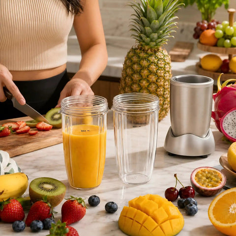 Replacement 32oz Blender Cups Set For 600W And Pro 900W High Speed Blenders 2 Pack Eco Friendly BPA Free Plastic on kitchen counter