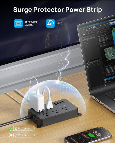 Surge Protector Power Strip With USB Ports And 10ft Extension Cord, ETL Listed on desk with devices connected