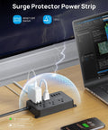 Power Strip Surge Protector With USB Ports, Wall Mountable, 5ft Cord, 9-Device Charging, 5 Grounded Outlets Plus 2 USB-A and 2 USB-C Ports, ETL Listed for Safe, High-Value Home Office, Entertainment, and Studio Setup on desk