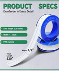 4 Rolls 1/2 Inch Wide PTFE Thread Seal Tape 520 Inches Per Roll Plumbers Tape For Water Pipes And Shower Heads No Leak Seal