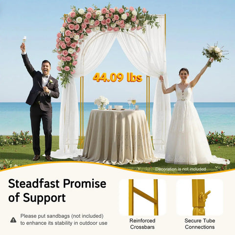 Showstopping Square Metal Balloon Arch Frame For Dreamy Gold Wedding Ceremony Backdrop Next Level Party Decoration Graduation And Baby Shower Photo Display Setup with flowers and couple at beach.