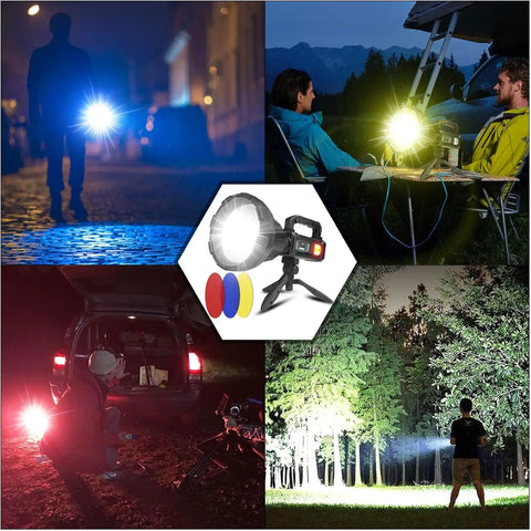 Rechargeable LED Spotlight Flashlight 120000 Lumens Beast Ultra Bright Long Range Beam With 4 Modes IPX5 Waterproof Searchlight For Fishing Hiking Camping Includes Tripod 8000mAh Battery
