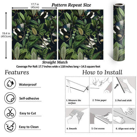 Tropical Jungle Leaves Peel And Stick Wallpaper 17.7 By 118 Inches Vinyl Self Adhesive Green Floral Wall Covering With Exotic Birds And Fruits Removable Matte Backdrop For Bedroom Walls Cabinets Shelves And More Easy Install.