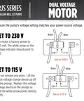 Diagram showing dual voltage motor settings for Heavy Duty Cast Iron Shallow Well Jet Pump With 3/4 HP Motor Pulling 16 GPM At 115 Or 230 Volt.