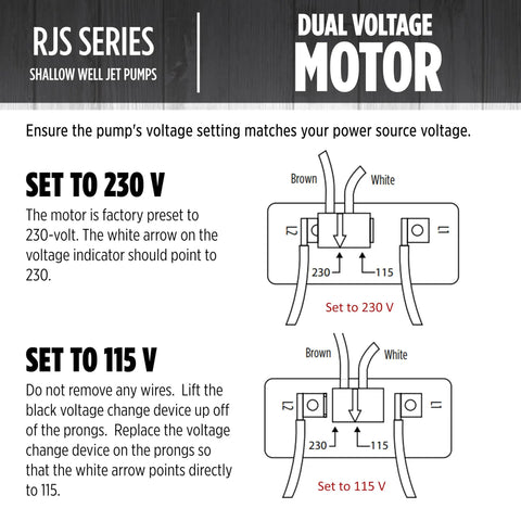 Diagram showing dual voltage motor settings for Heavy Duty Cast Iron Shallow Well Jet Pump With 3/4 HP Motor Pulling 16 GPM At 115 Or 230 Volt.