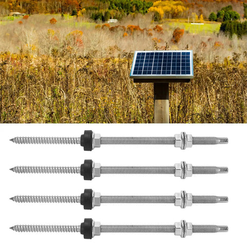 Built Tough Stainless Steel Double Ended Bolts For Solar Panel Arrays Rock Solid PV Rack Hardware And Locking Fasteners No Sweat Install Four Piece Kit, featuring double threaded design.