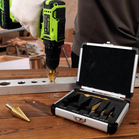 Step Drill Bit Set Unibit 5 Piece HSS Titanium Coated With Automatic Center Punch And Aluminum Case for various materials