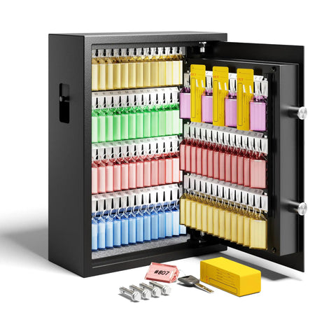 Heavy Duty 103 Position Electronic Key Lock Box With Anti Theft Deposit Slot And Key Out Tags Wall Mount Key Safe with open door view.