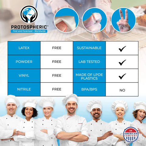 Zero Drama Disposable Poly Gloves For Food Prep And Slick Kitchen Grade Safety Gear For Cooking And Serving Delivers Super Thin Yet Tough Polyethylene Protection That Is Totally Fresh For Any Busy Kitchen Gig, shown with chefs.