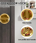 Round Recessed Door Lock Set With Privacy Knob And Hidden Cup Handle Stainless Steel Keyless Recessed Door Pull Latch Knob Vintage Style Bedroom Privacy Knobs For Pocket Doors In Golden Finish