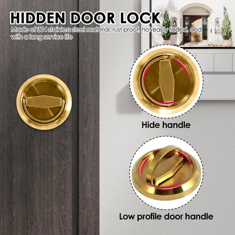 Round Recessed Door Lock Set With Privacy Knob And Hidden Cup Handle Stainless Steel Keyless Recessed Door Pull Latch Knob Vintage Style Bedroom Privacy Knobs For Pocket Doors In Golden Finish